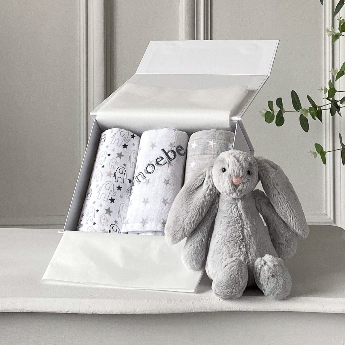 Ziggle personalised 3 pack grey and white baby muslin squares