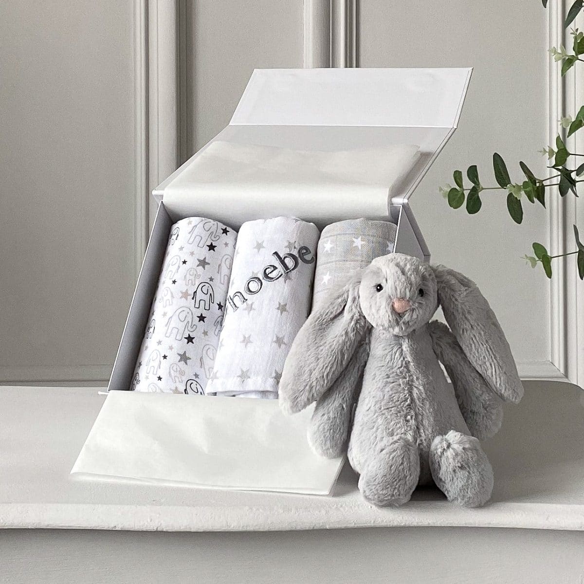 Ziggle personalised 3 pack grey and white baby muslin squares Baby Shower Gifts 2