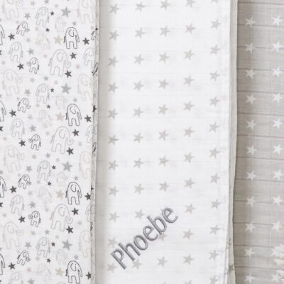 Ziggle personalised 3 pack grey and white baby muslin squares 2