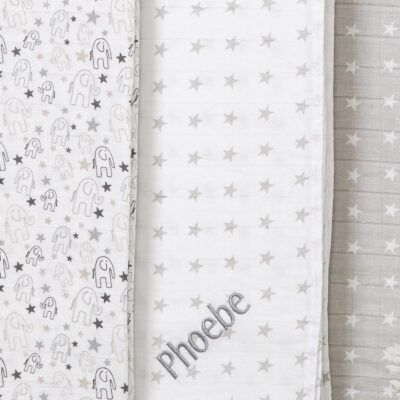 Ziggle personalised 3 pack blue and white baby muslin squares