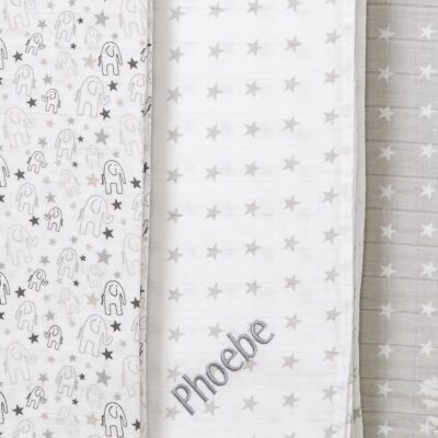 Ziggle personalised 3 pack grey and white baby muslin squares Personalised Muslins 2