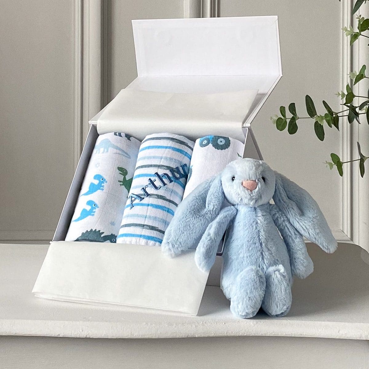 Ziggle personalised 3 pack blue and white baby muslin squares