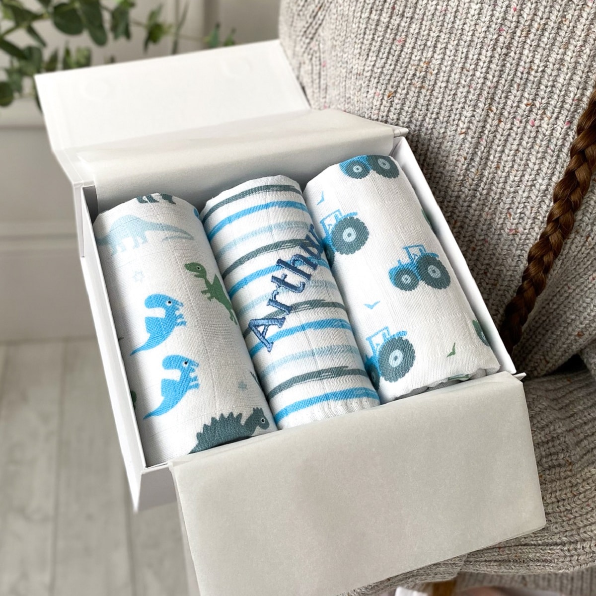 Ziggle personalised 3 pack blue and white baby muslin squares
