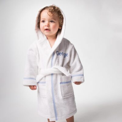 That’s mine personalised dressing gown, white with blue gingham trim and embroidery 2