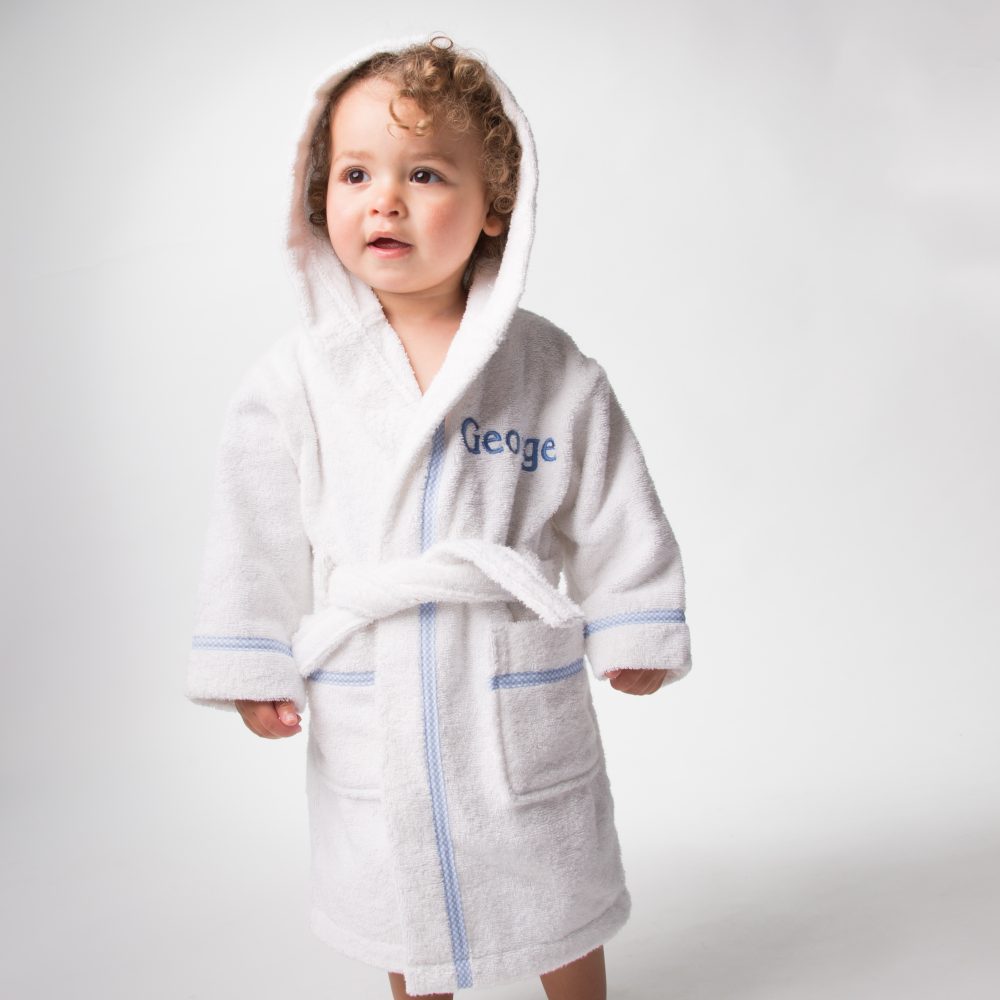 That’s mine personalised white towelling gingham trimmed bathrobe with blue embroidery