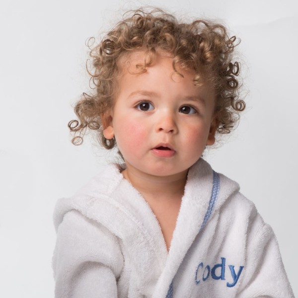 That’s mine personalised white towelling gingham trimmed bathrobe with blue embroidery