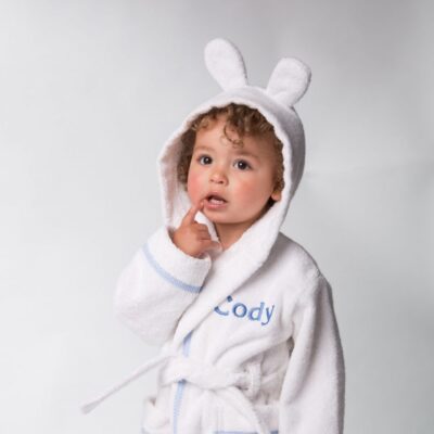 That’s mine personalised dressing gown, white with blue gingham trim and embroidery Personalised Baby Dressing Gowns