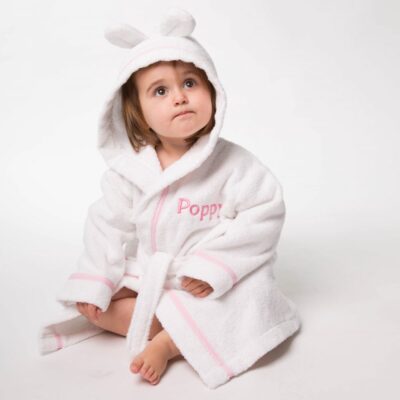 That’s mine personalised dressing gown, white with pink gingham trim and embroidery Personalised Baby Dressing Gowns