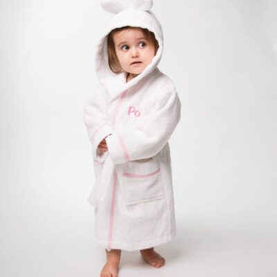 That’s mine personalised dressing gown, white with pink gingham trim and embroidery Easter Gifts 2