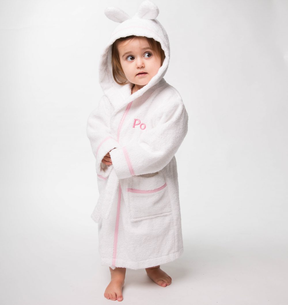 That’s mine personalised dressing gown, white with pink gingham trim and embroidery