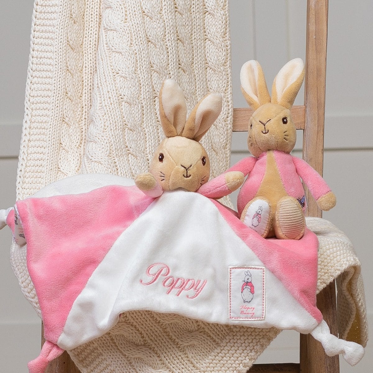 Flopsy bunny personalised pink baby comfort blanket and soft toy rattle gift set Baby Gift Sets 2