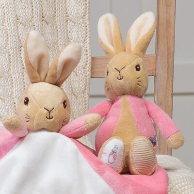 Flopsy bunny personalised pink baby comfort blanket and soft toy rattle gift set 3