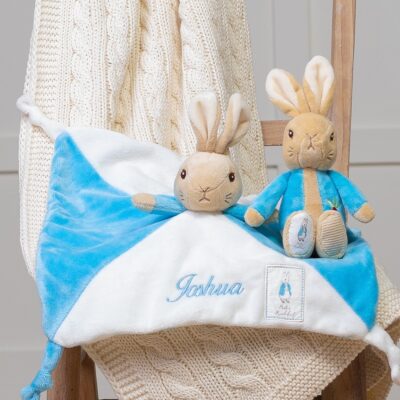 Peter rabbit personalised blue baby comfort blanket and soft toy rattle gift set Comforters and Soothers