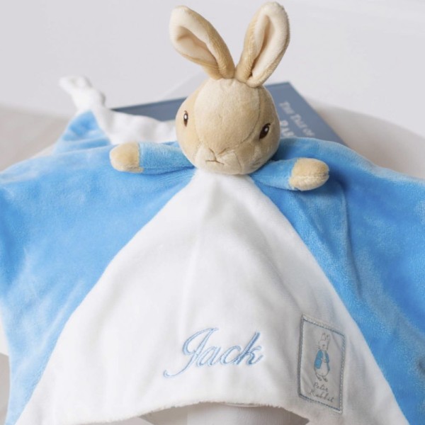 Peter rabbit personalised blue baby comfort blanket and soft toy rattle gift set