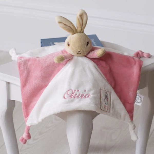 Flopsy bunny personalised pink baby comfort blanket and soft toy rattle gift set