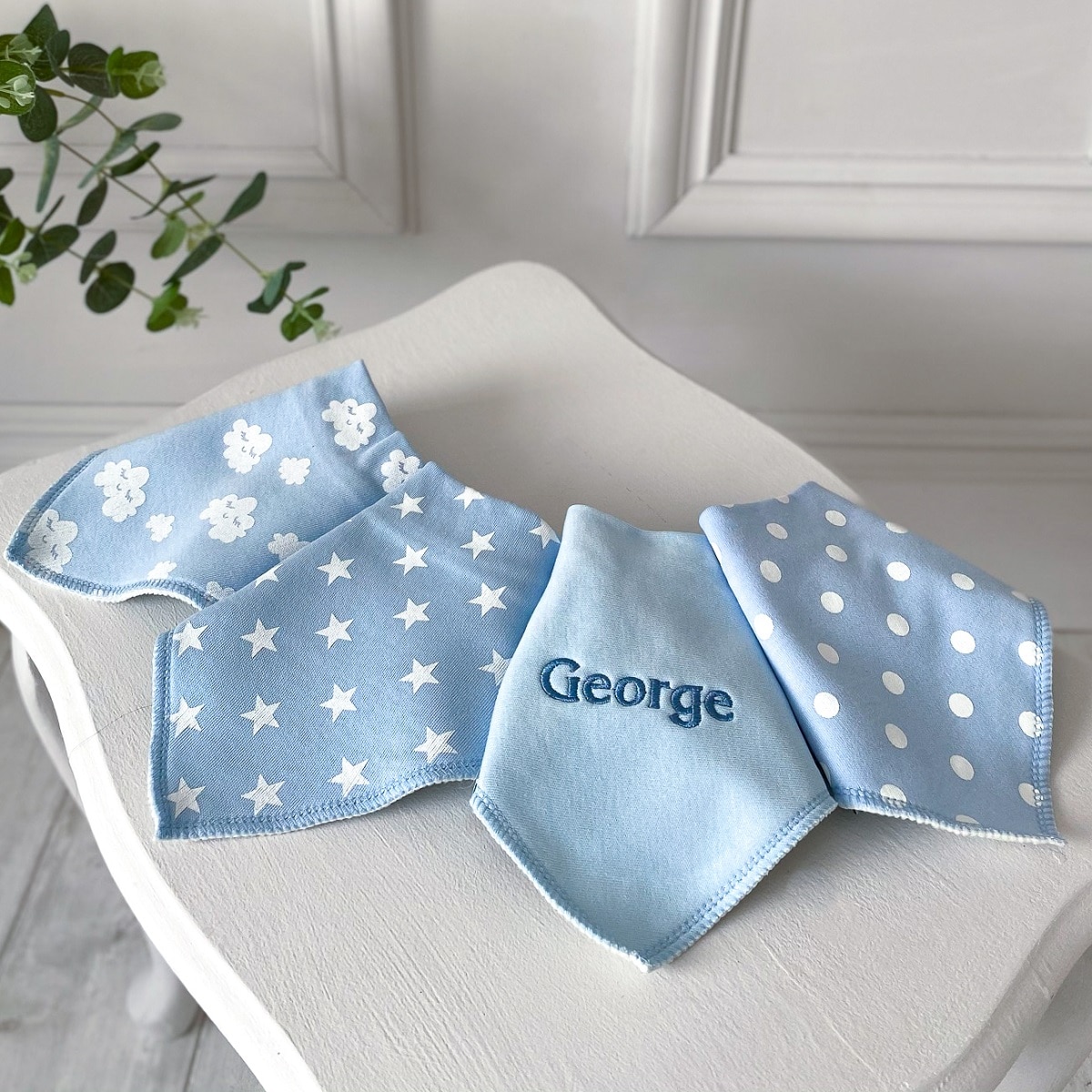 Ziggle personalised 4 pack blue baby bandana bibs