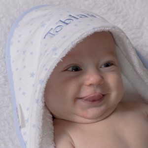 Clair de Lune personalised white hooded towelling baby cuddlerobe with star design