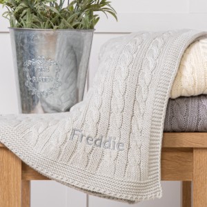 Toffee Moon personalised luxury cable baby blanket in cream, glacier grey or hound grey