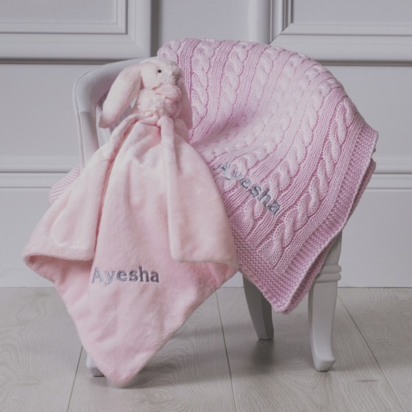 Toffee Moon personalised cable baby blanket and Jellycat bunny comforter gift set