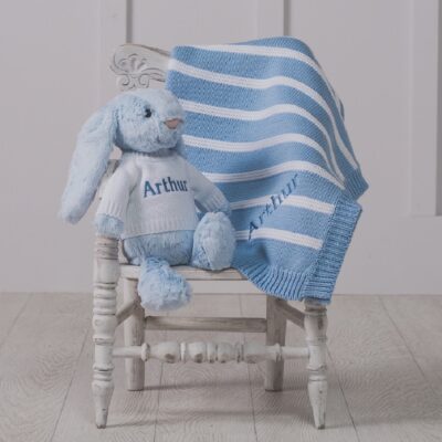 Personalised Jellycat blue bashful bunny and ziggle striped baby blanket gift set Birthday Gifts