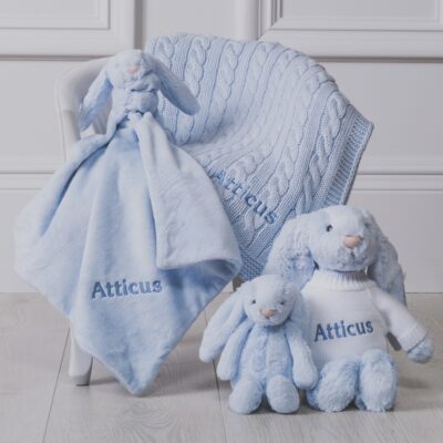 Toffee Moon personalised cable baby blanket and Jellycat bunny comforter gift set 2