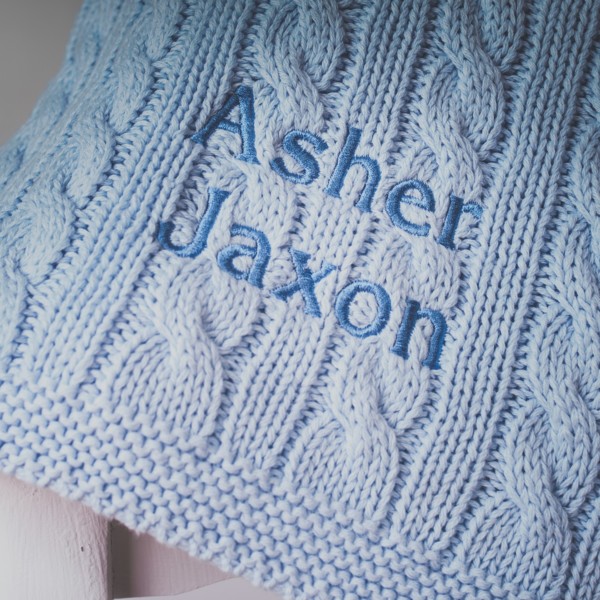 Toffee Moon personalised luxury cable baby blanket in pale blue, blue grey or storm blue
