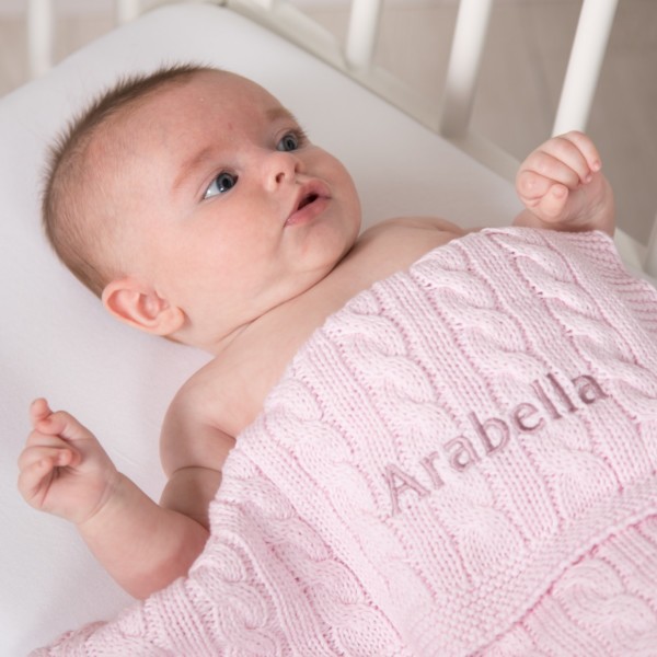 Toffee Moon personalised luxury cable baby blanket in dawn pink, pale pink or dusky rose