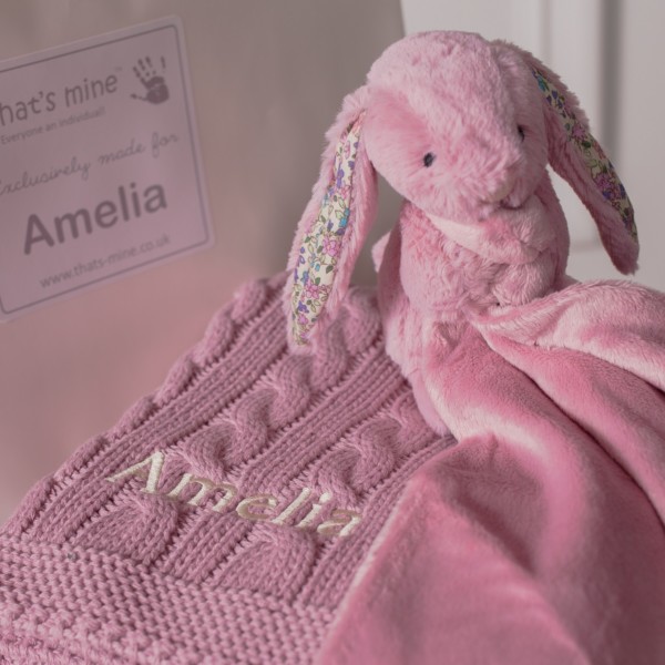 Toffee Moon personalised cable baby blanket and Jellycat bunny comforter gift set