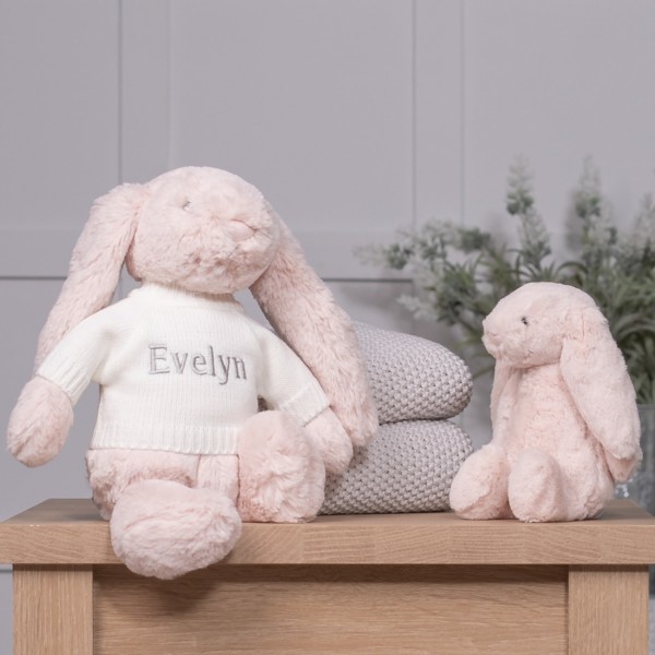 Personalised Jellycat bashful bunny soft toy in pale pink, tulip pink or blush pink