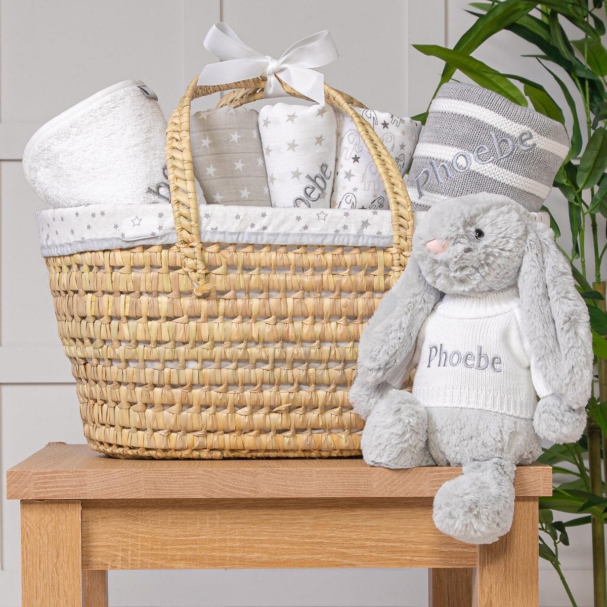 Personalised white and grey baby gift basket with grey bunny soft toy