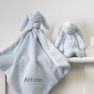 Personalised Jellycat bashful bunny comforter and soft toy gift set in pale blue or grey