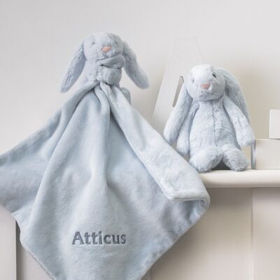 Personalised Jellycat bashful bunny soother and soft toy gift set in pale blue or grey