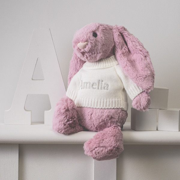 Jellycat large bashful bunny soft toy with ‘Big Hugs’ jumper