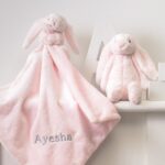 Personalised Jellycat bashful bunny soother and soft toy gift set in grey or pale pink Baby Gift Sets 3