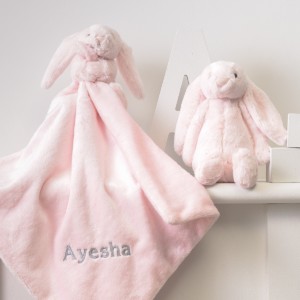 Personalised Jellycat bashful bunny comforter and soft toy gift set in grey or pale pink