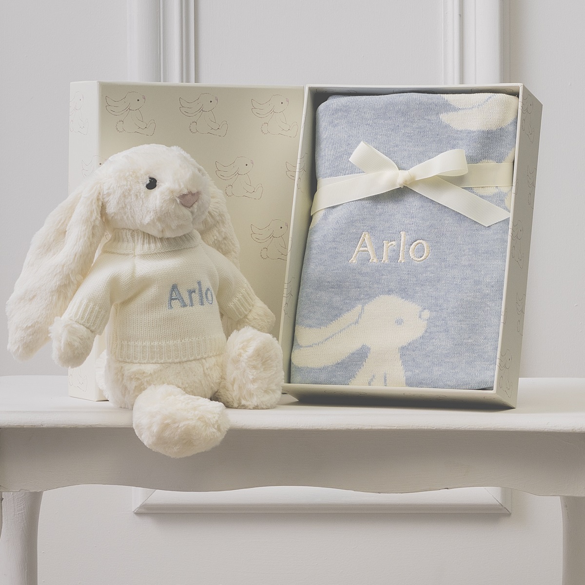 Personalised Jellycat cream bashful bunny & blue baby blanket gift set