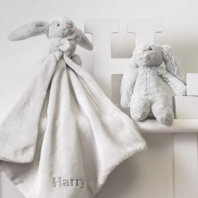 Personalised Jellycat bashful bunny soother and soft toy gift set in pale blue or grey 2