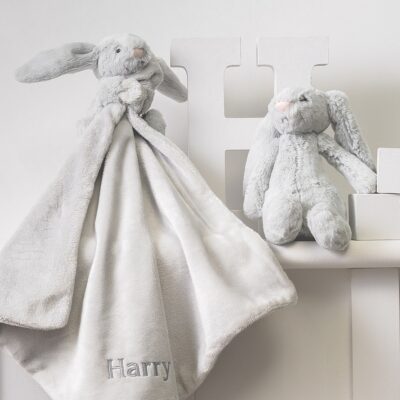 Personalised Jellycat bashful bunny soother and soft toy gift set in grey or pale pink Baby Gift Sets 3