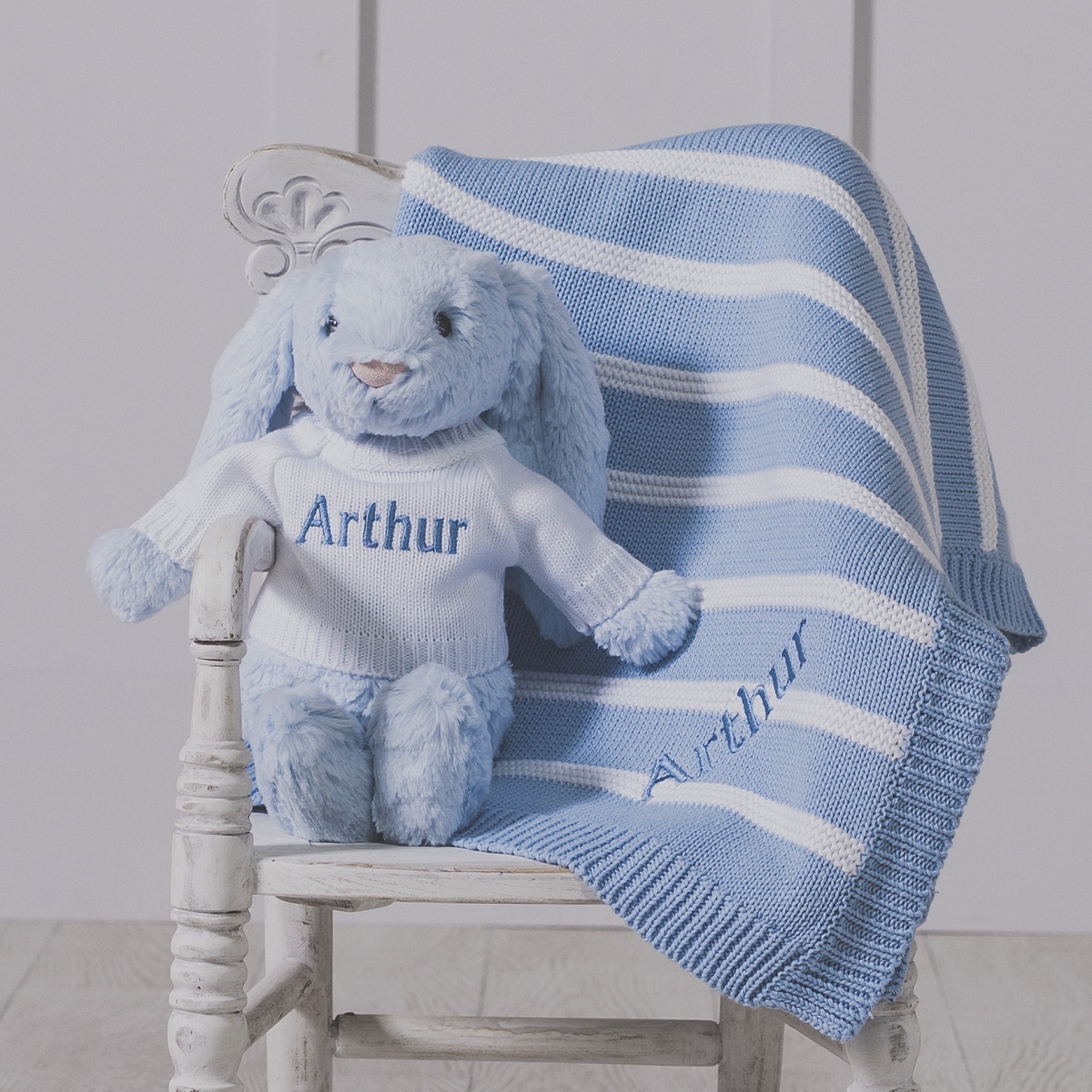Personalised Jellycat blue bashful bunny and ziggle striped baby blanket gift set
