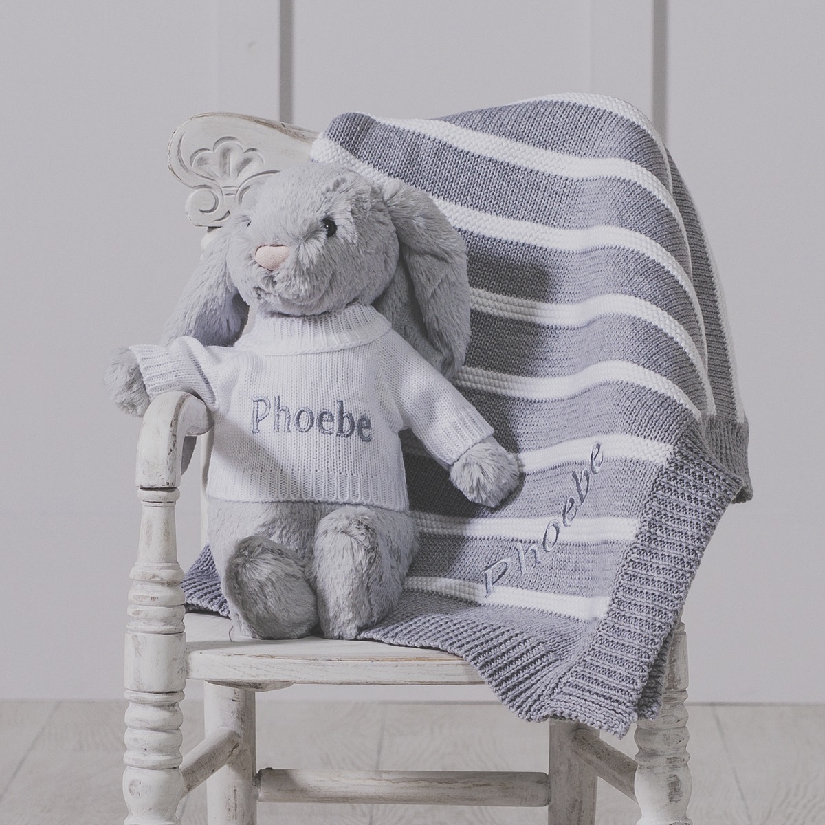 Personalised Jellycat grey bashful bunny and ziggle striped baby blanket gift set
