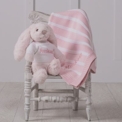 Personalised Jellycat pink bashful bunny and ziggle striped baby blanket gift set Birthday Gifts