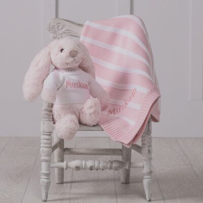 Personalised Jellycat bashful bunny and ziggle striped baby blanket gift set Personalised Baby Blankets