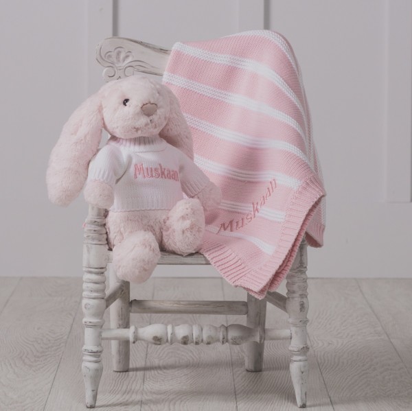 Personalised Jellycat bashful bunny and ziggle striped baby blanket gift set