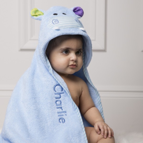 Zoocchini personalised blue henry the hippo hooded baby towel