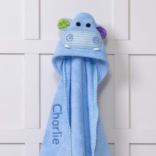 Zoocchini personalised blue henry the hippo hooded baby towel