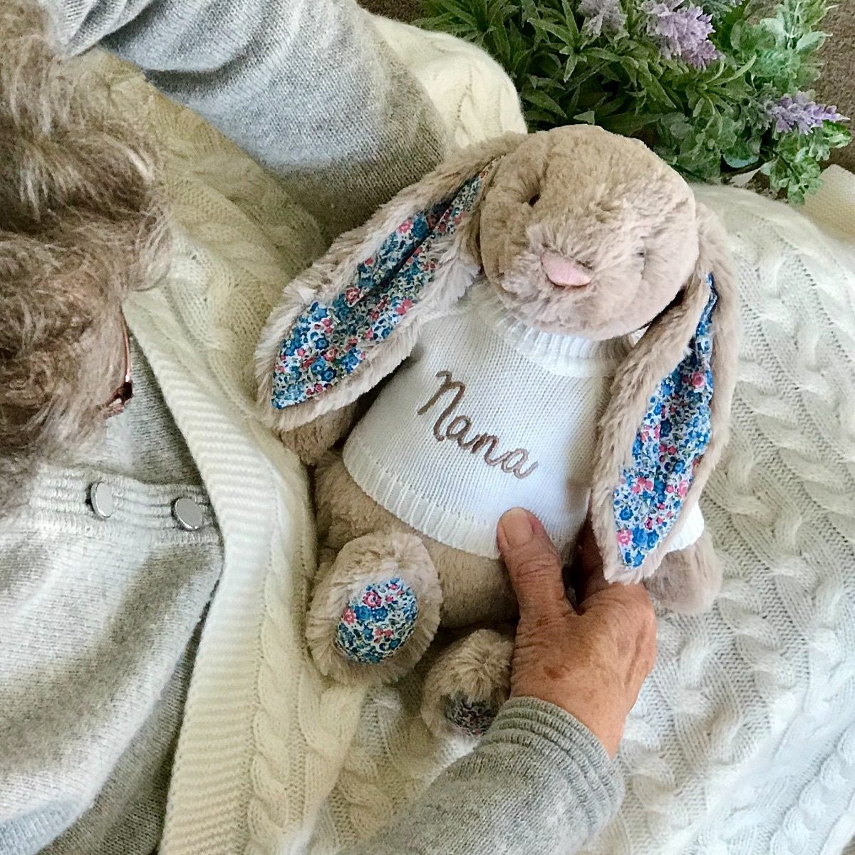 Jellycat blossom bunny soft toy with 'Nana', 'Gran', 'Mam, or 'Mum' jumper