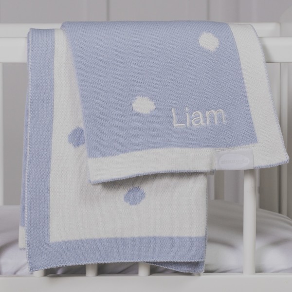 Shnuggle personalised blue and white luxury knitted baby blanket