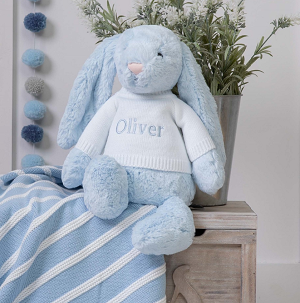 blue personalised bunny teddy with blanket