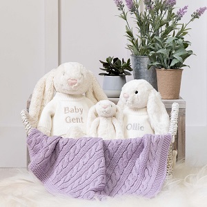 personalised bunny teddy in basket with blanket