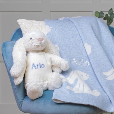 Personalised Jellycat blue bashful bunny and baby blanket gift set 2